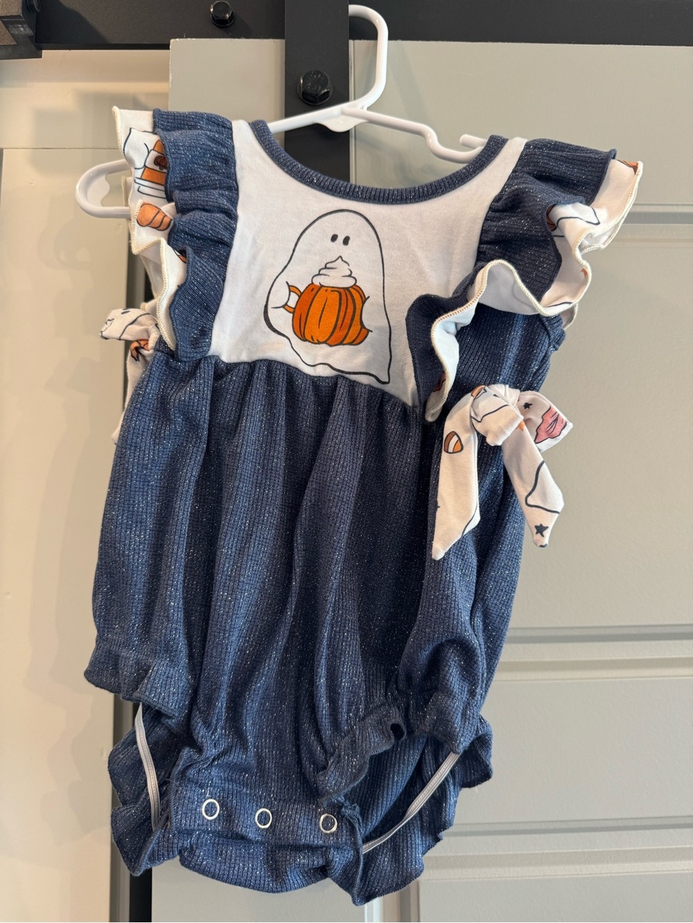 Girls Navy Pumpkin Ghost Ruffle One-Piece Romper